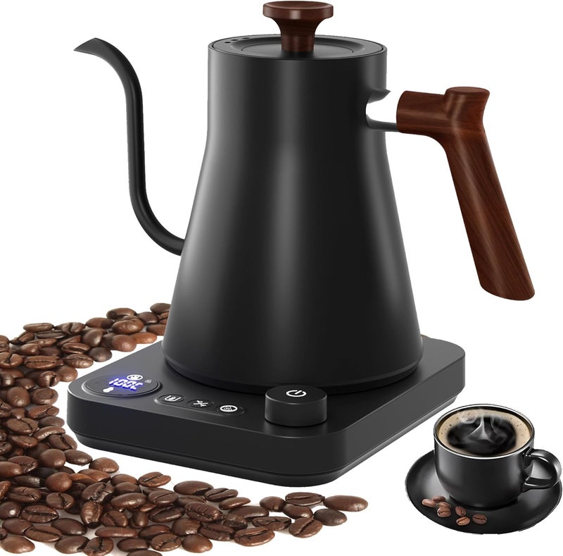 RHD Electric Gooseneck Kettle with LCD Display, Real-Time Temp Control Hot Water Boiler to Pour Over Coffee, Brew Tea, Switchable ℉/℃, 1200 Watt Quick Heating Pot, 0.9L, 304 Stainless Steel,Matt Black - Image 1